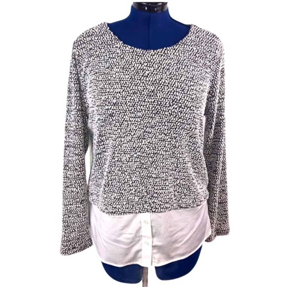 Calvin Klein L black/white layered look crew‎ neck long sleeve textured top